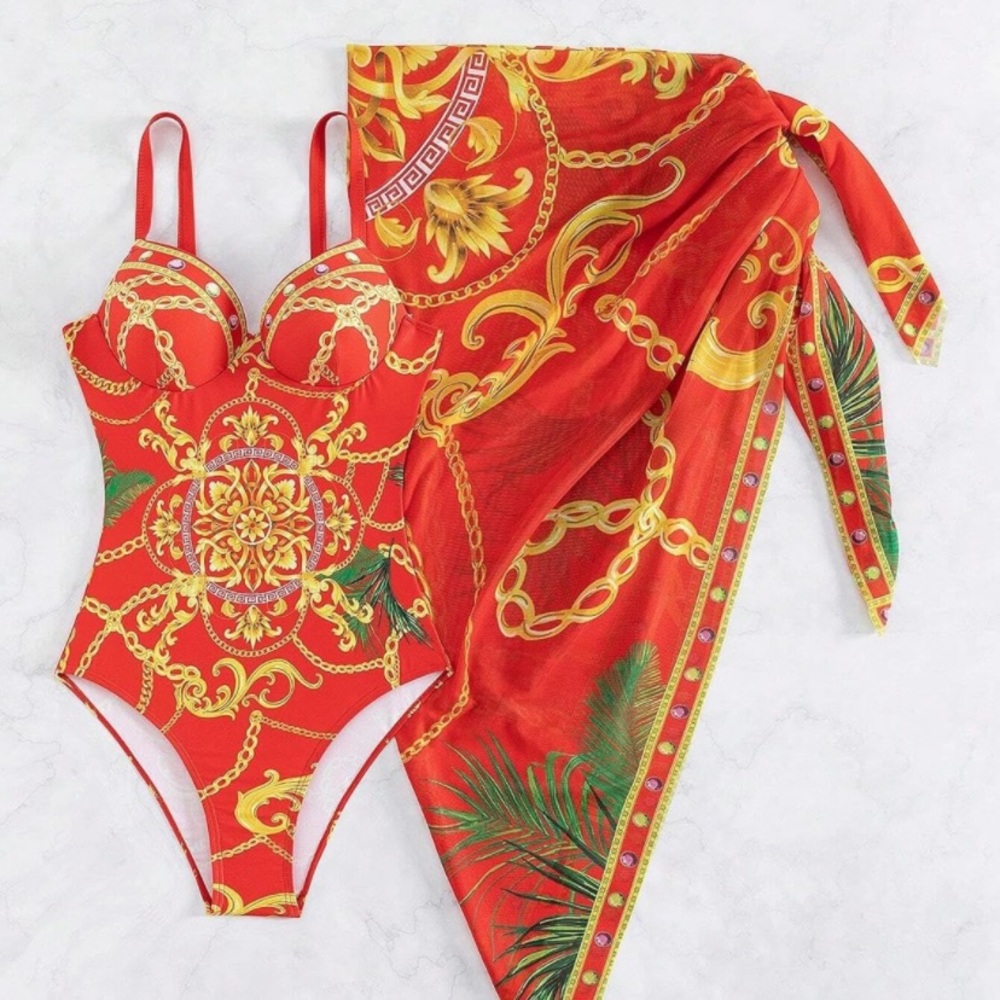 One Piece Swimsuit Women with Beach Cover Up Wrap Skirt Set, Bathing Suit